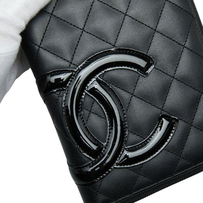 Chanel Cambon Line CC Logo Zip Around Wallet Black Leather Enamel