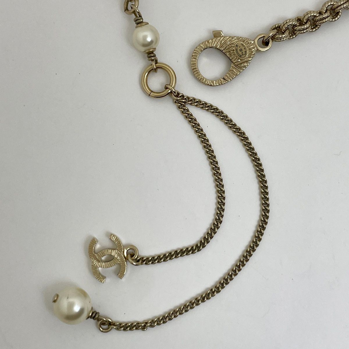 Chanel CC Logo Faux Pearl Necklace White Gold
