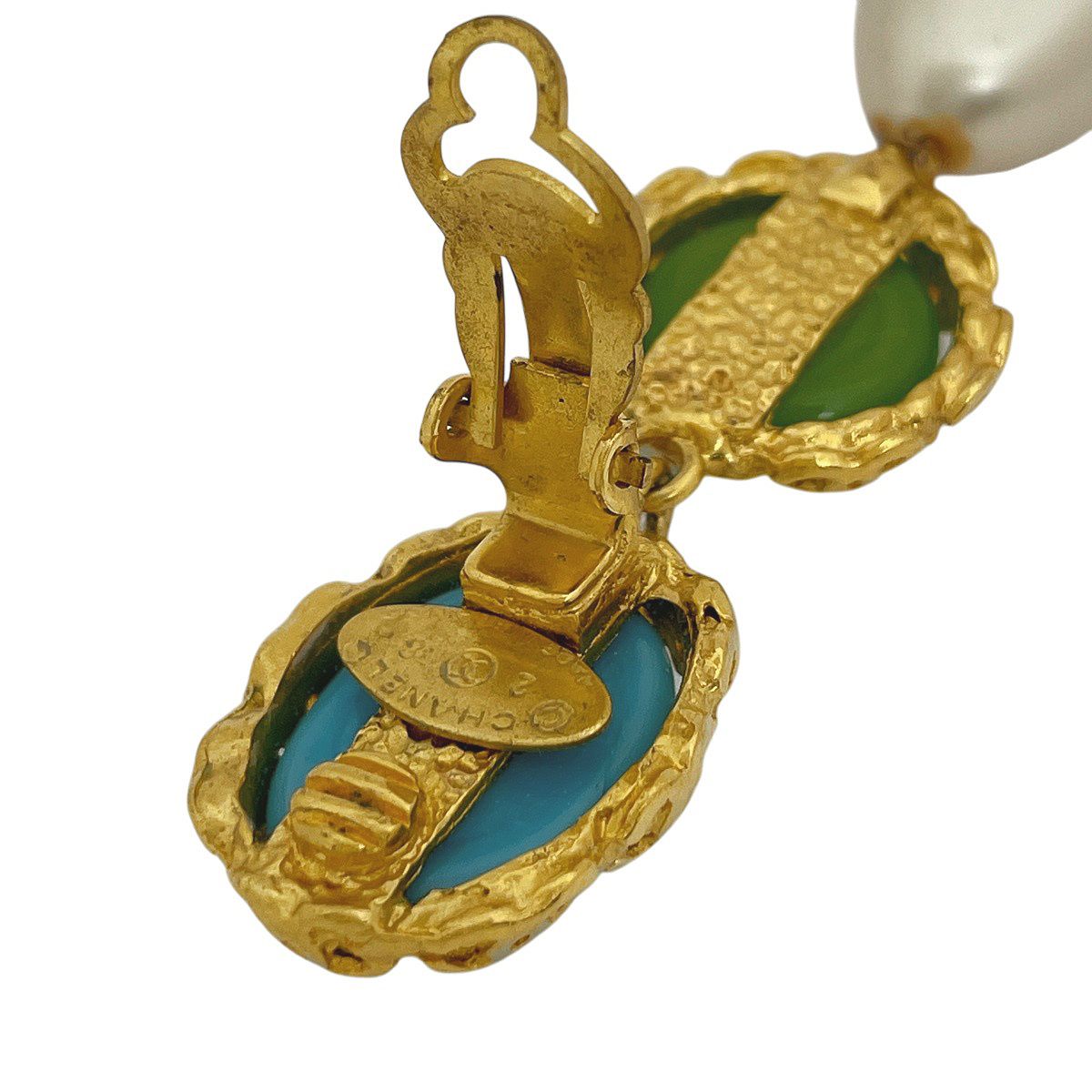 Chanel Faux Pearl Earrings Gripoix Blue Green Gold