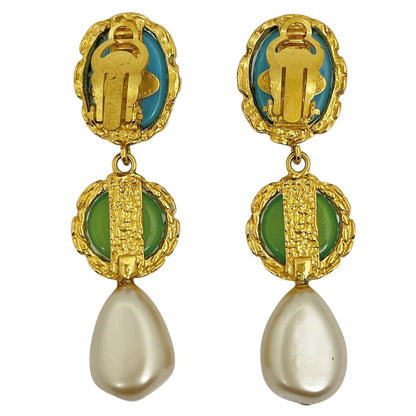 Chanel Faux Pearl Earrings Gripoix Blue Green Gold