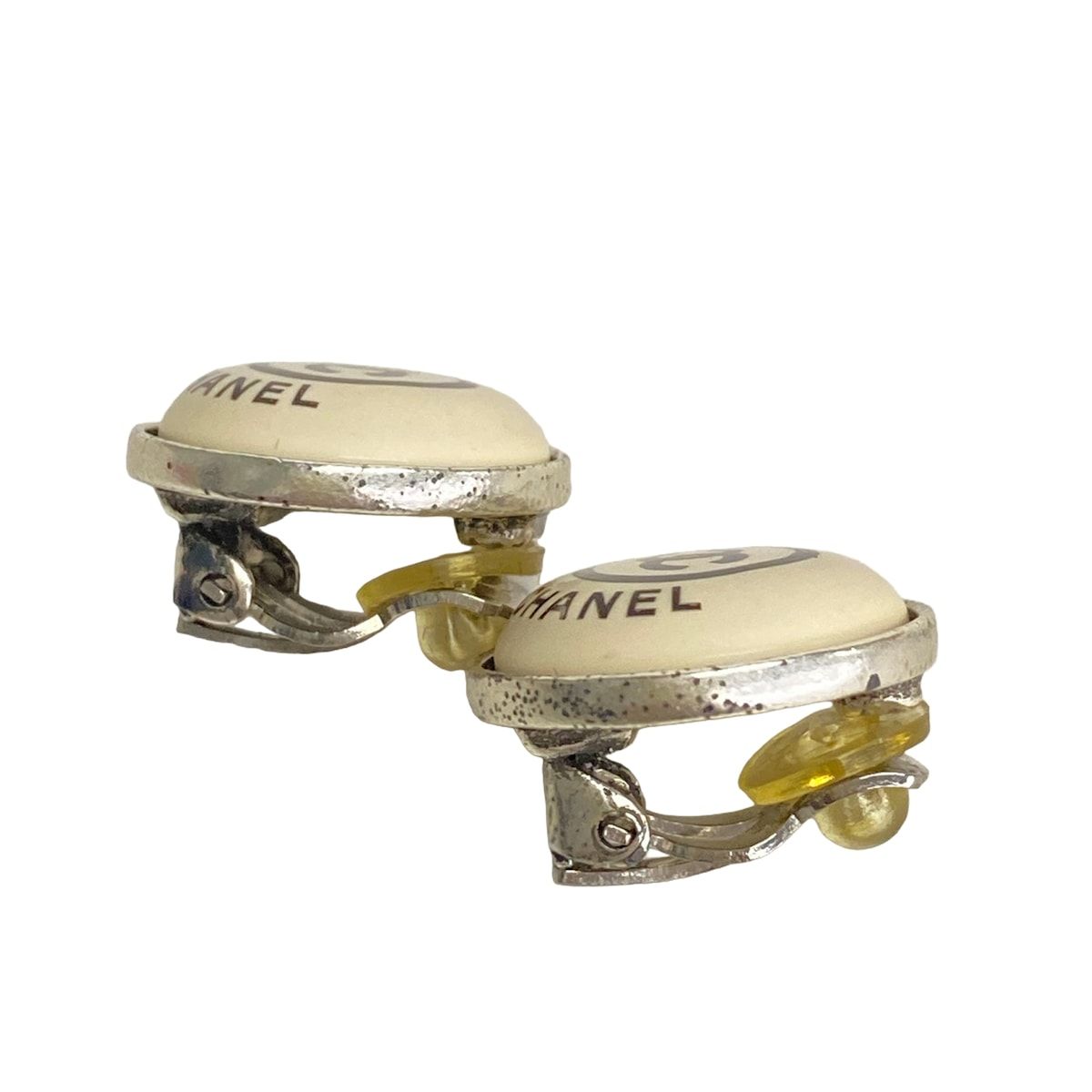 Chanel Earrings CC Logo Silver Ivory