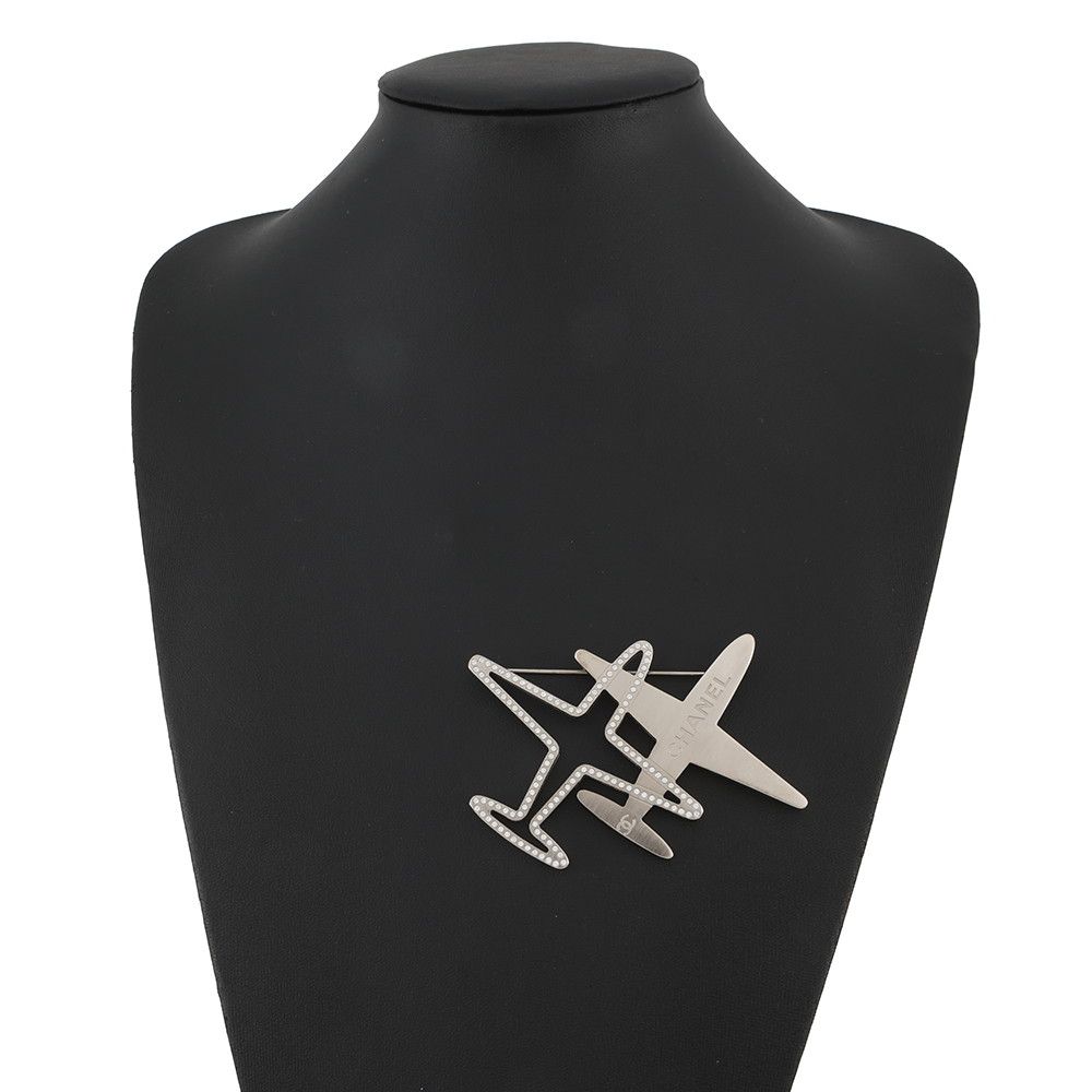 Chanel Brooch CC Logo Airplane Motif Line Stone