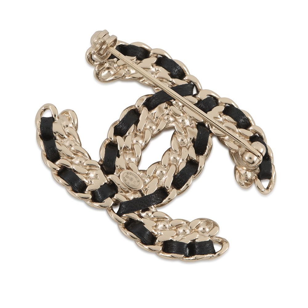 Chanel Brooch CC Logo Line Stone Leather