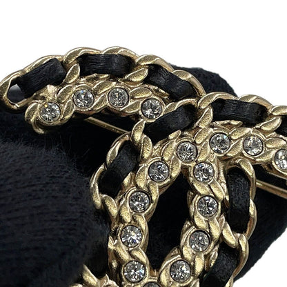 Chanel Brooch CC Logo Line Stone Leather