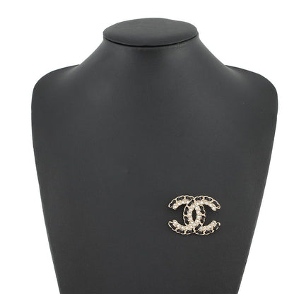 Chanel Brooch CC Logo Line Stone Leather
