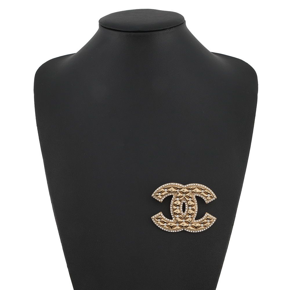 Chanel Brooch CC Logo Metal Line Stone