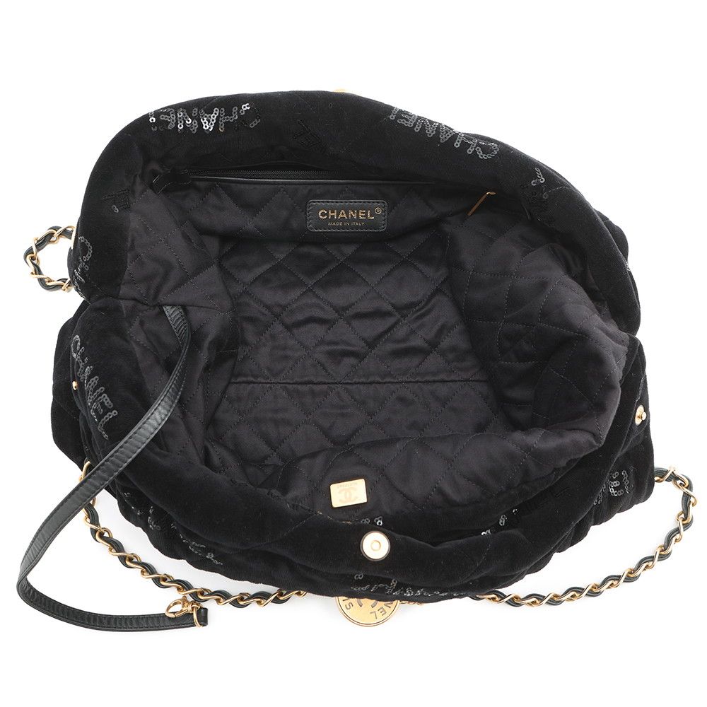 Chanel Chain Shoulder Bag 22 Quilted Small Velour Sequin Black with Pouch