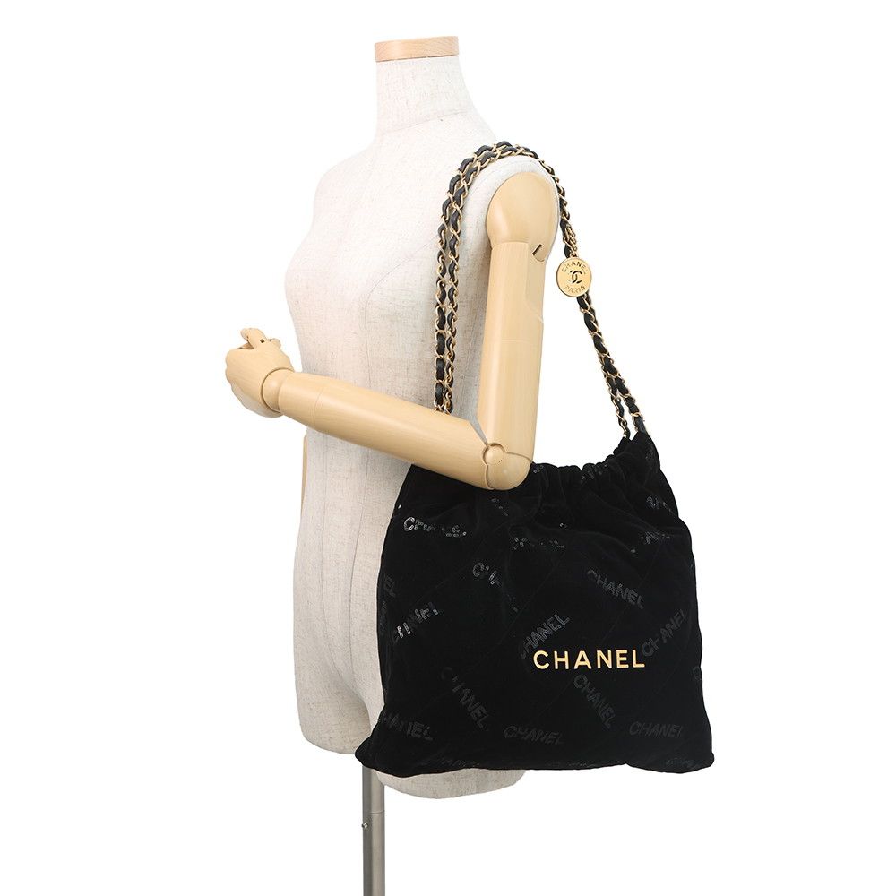 Chanel Chain Shoulder Bag 22 Quilted Small Velour Sequin Black with Pouch