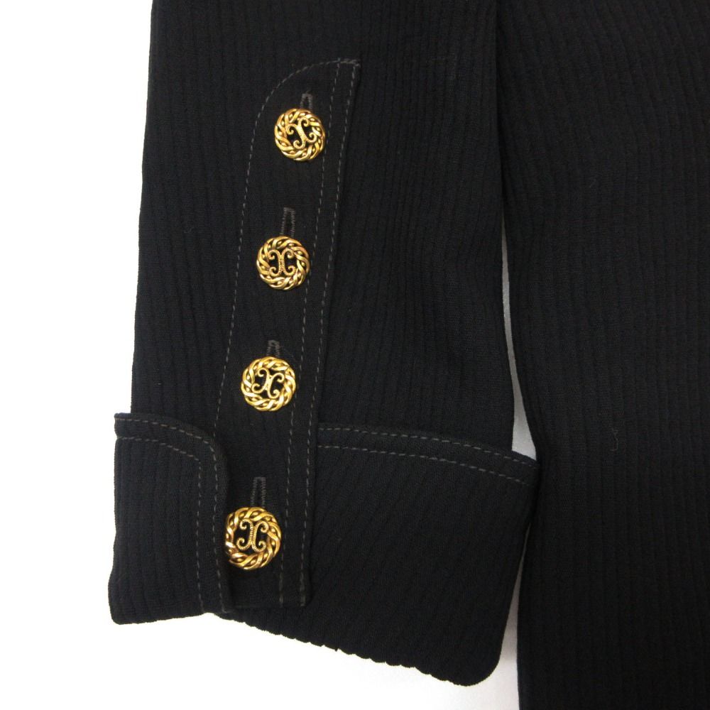 Chanel Vintage Suit Set Rib Stripe Gold Button Skirt Shawl Collar Knee Length