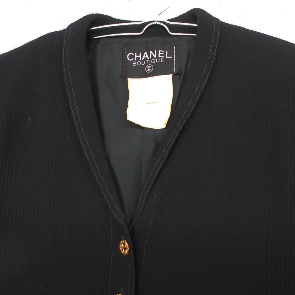 Chanel Vintage Suit Set Rib Stripe Gold Button Skirt Shawl Collar Knee Length