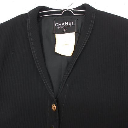 Chanel Vintage Suit Set Rib Stripe Gold Button Skirt Shawl Collar Knee Length
