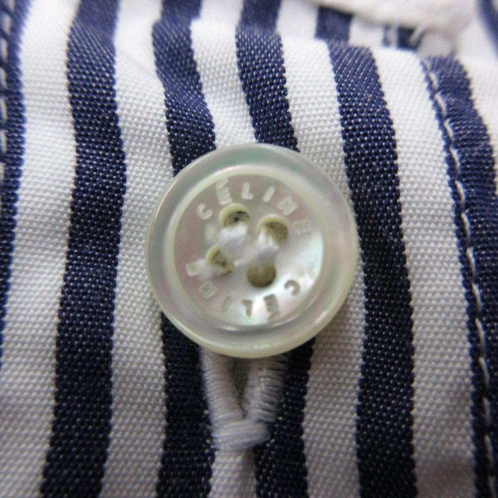 Celine Long Sleeve Shirt with Epaulette Striped Pattern Stand Collar Top Blue