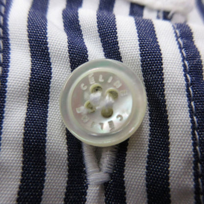 Celine Long Sleeve Shirt with Epaulette Striped Pattern Stand Collar Top Blue