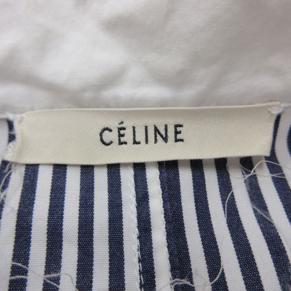 Celine Long Sleeve Shirt with Epaulette Striped Pattern Stand Collar Top Blue