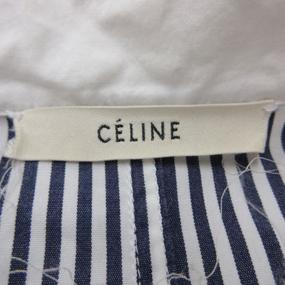 Celine Long Sleeve Shirt with Epaulette Striped Pattern Stand Collar Top Blue