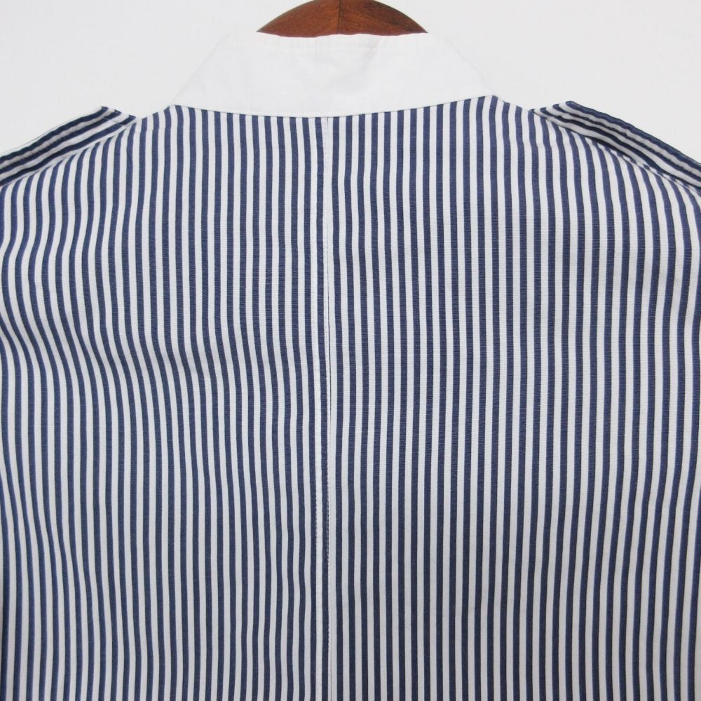 Celine Long Sleeve Shirt with Epaulette Striped Pattern Stand Collar Top Blue