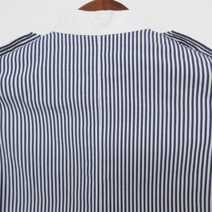 Celine Long Sleeve Shirt with Epaulette Striped Pattern Stand Collar Top Blue