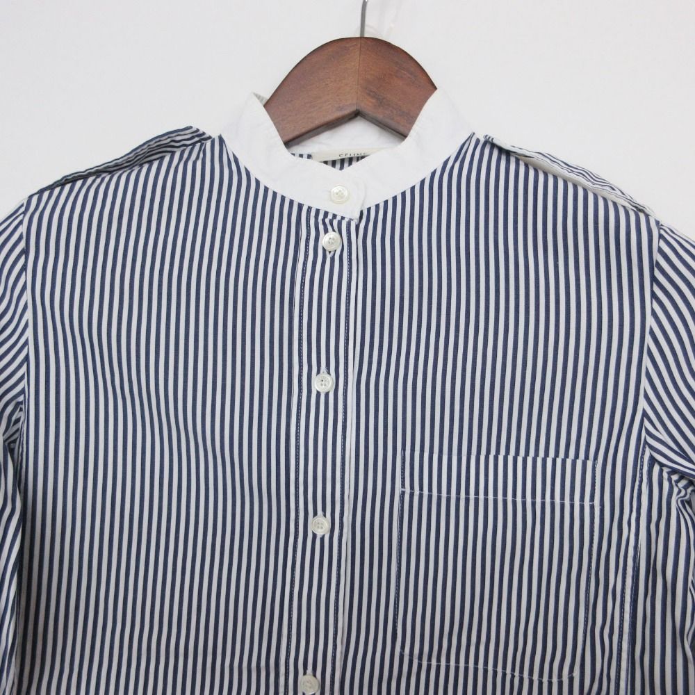 Celine Long Sleeve Shirt with Epaulette Striped Pattern Stand Collar Top Blue