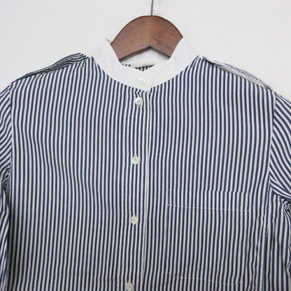 Celine Long Sleeve Shirt with Epaulette Striped Pattern Stand Collar Top Blue