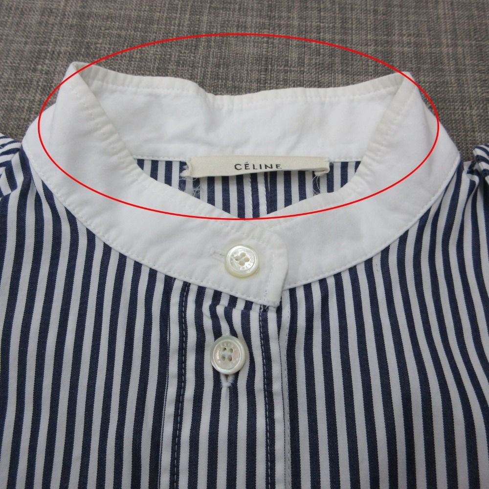 Celine Long Sleeve Shirt with Epaulette Striped Pattern Stand Collar Top Blue