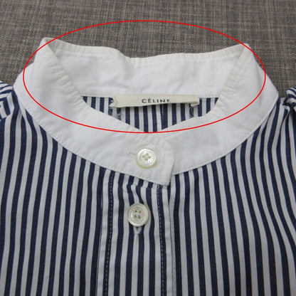Celine Long Sleeve Shirt with Epaulette Striped Pattern Stand Collar Top Blue