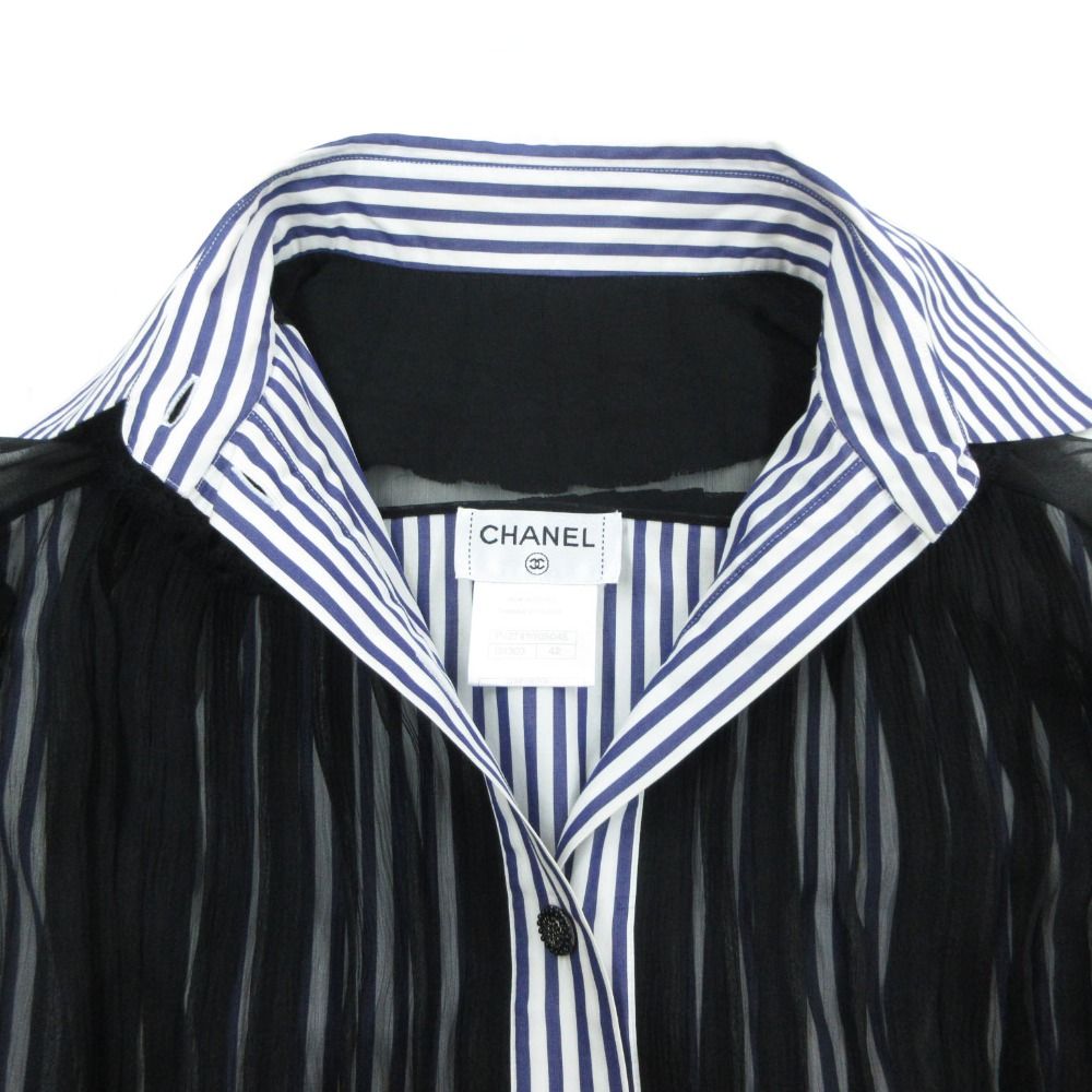 Chanel Blouse Striped Lace Chiffon Long Sleeve Top Camellia Button Cotton Silk