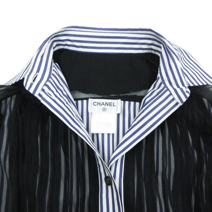 Chanel Blouse Striped Lace Chiffon Long Sleeve Top Camellia Button Cotton Silk