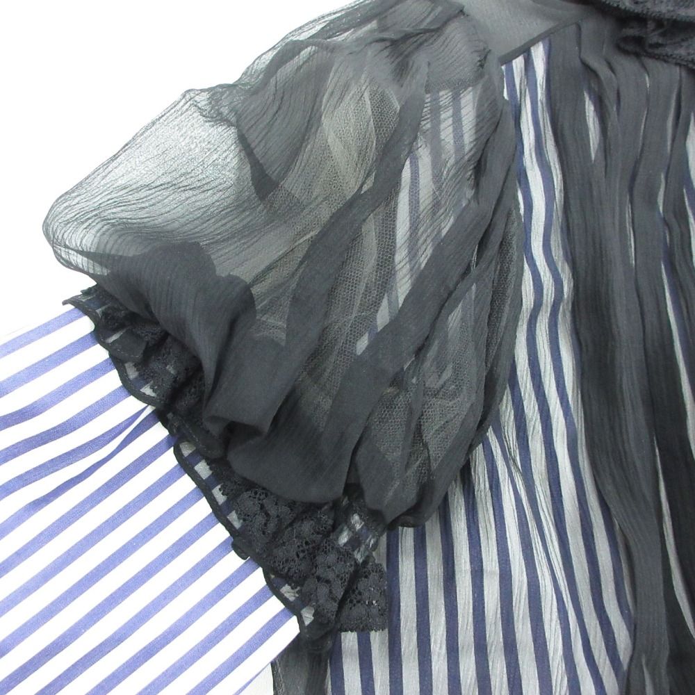 Chanel Blouse Striped Lace Chiffon Long Sleeve Top Camellia Button Cotton Silk