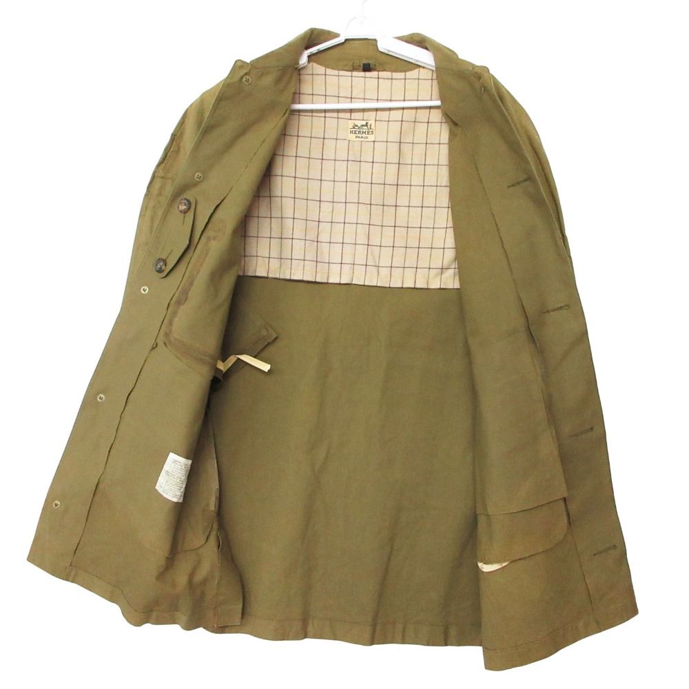 Hermes Vintage Stainless Steel Coat Rubberized Outer Checkered Lining Khaki