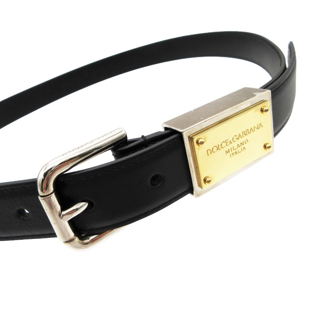Dolce & Gabbana Belt Logo Plate Leather Eyelet Buckle Narrow Black 90 cm