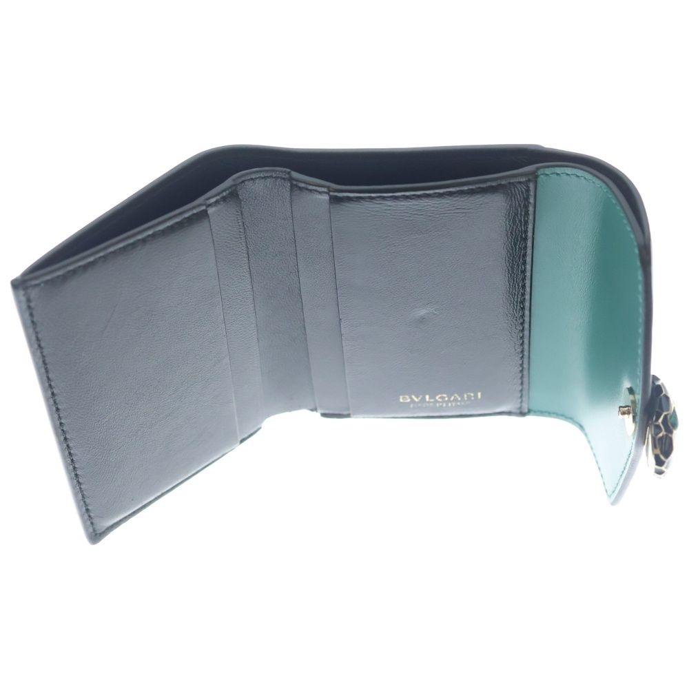 Bvlgari Serpenti Trifold Wallet Compact Coin Case Green Leather Gold
