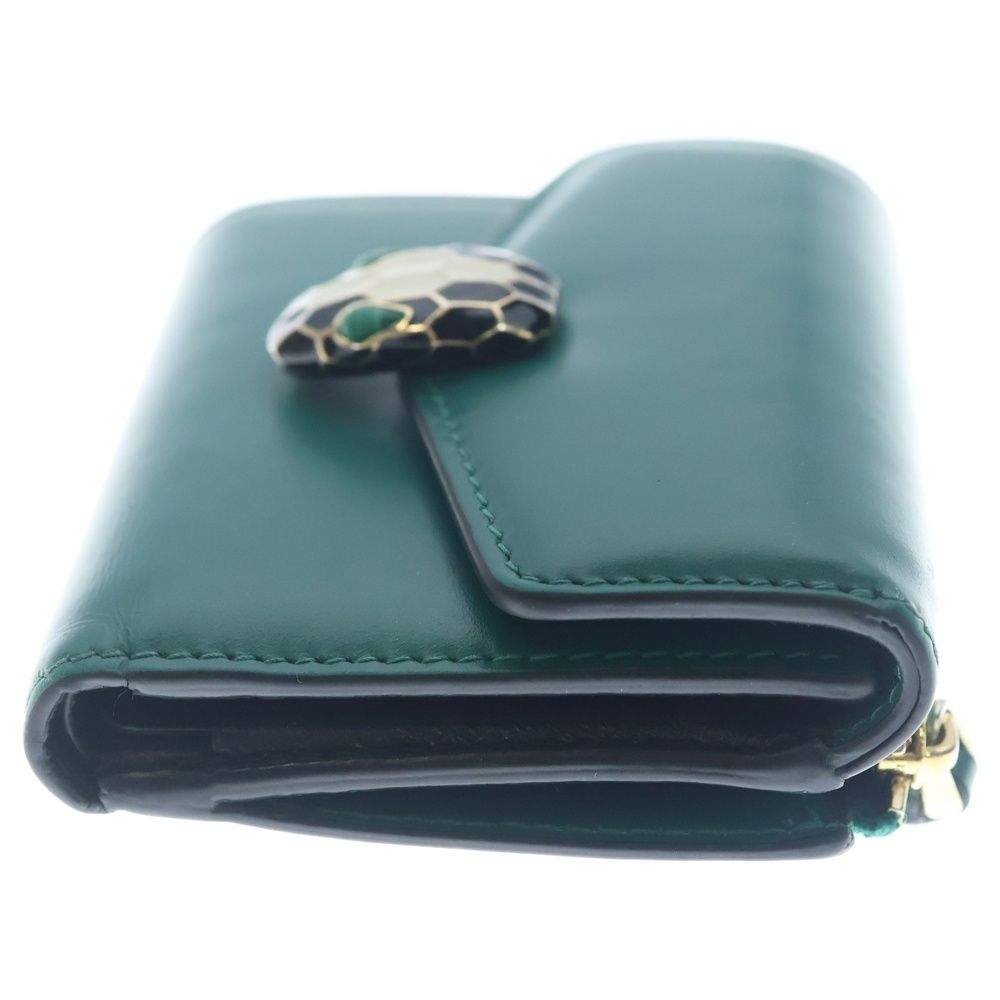 Bvlgari Serpenti Trifold Wallet Compact Coin Case Green Leather Gold