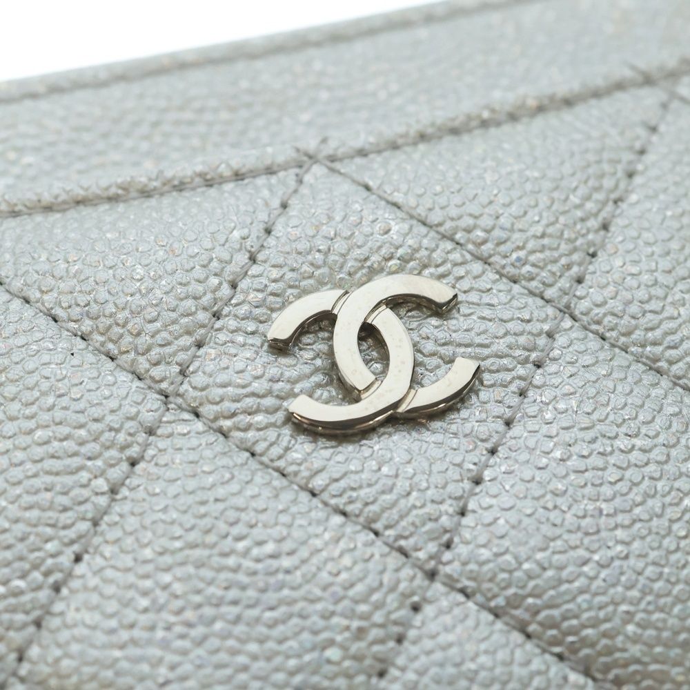 Chanel CC Logo Card Case Business Holder Silver Caviar Leather