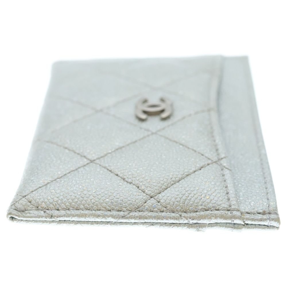 Chanel CC Logo Card Case Business Holder Silver Caviar Leather