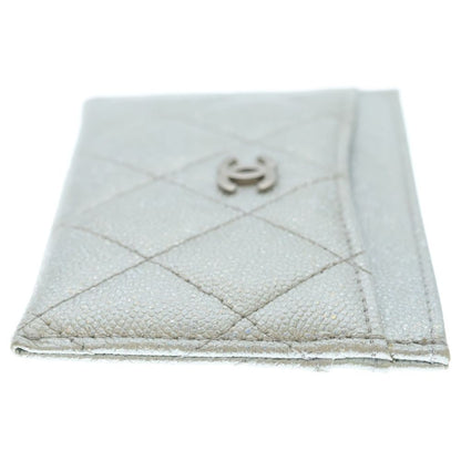 Chanel CC Logo Card Case Business Holder Silver Caviar Leather