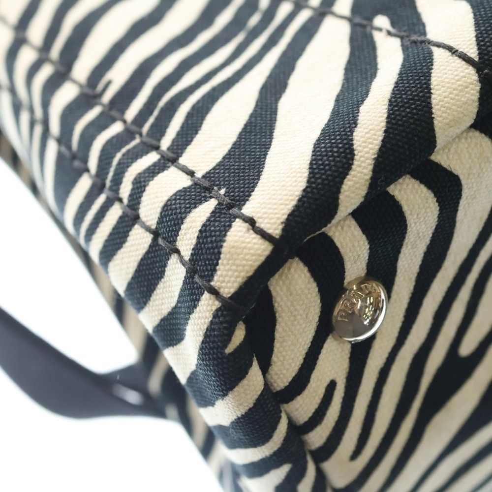 Prada Canapa Zebra Shoulder Bag White Black Canvas Silver