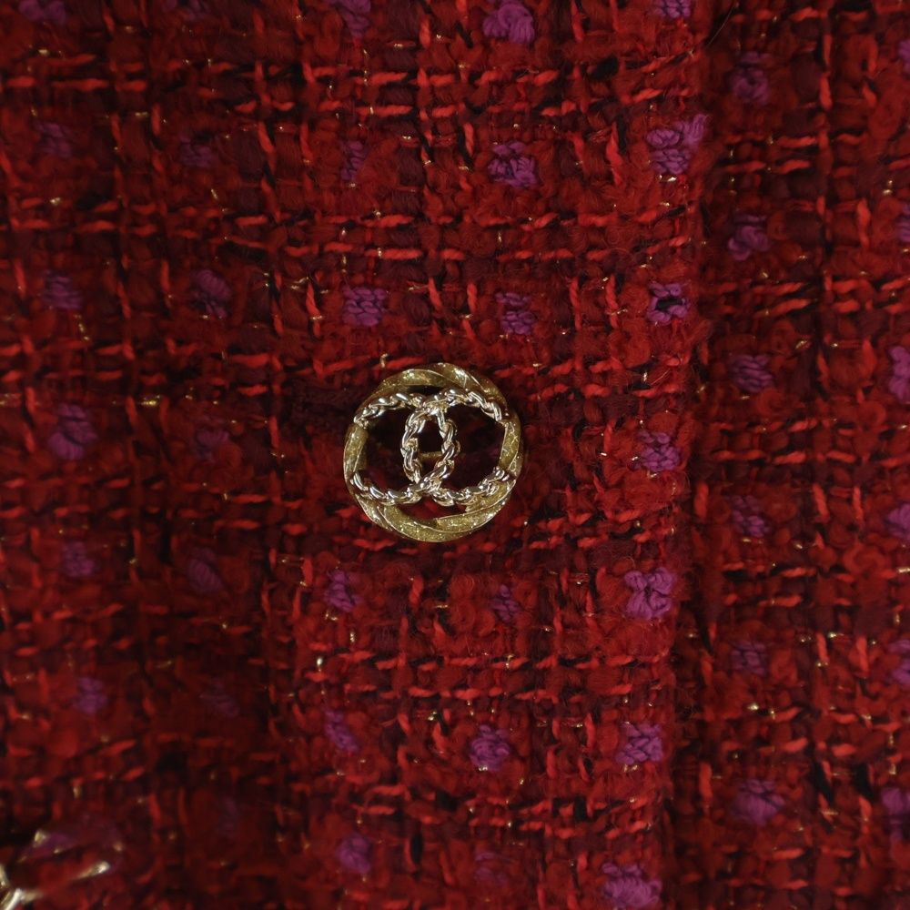 Chanel Collarless Jacket Red Tweed 38