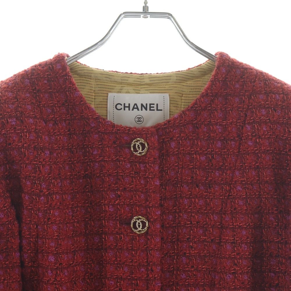 Chanel Collarless Jacket Red Tweed 38