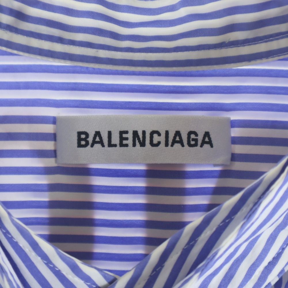 Balenciaga Back Logo Print Bowtie Striped Cotton Long Sleeve Shirt White Blue