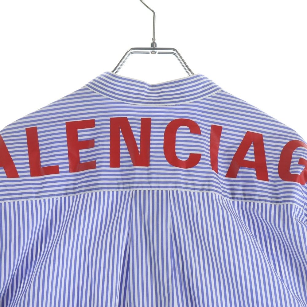 Balenciaga Back Logo Print Bowtie Striped Cotton Long Sleeve Shirt White Blue