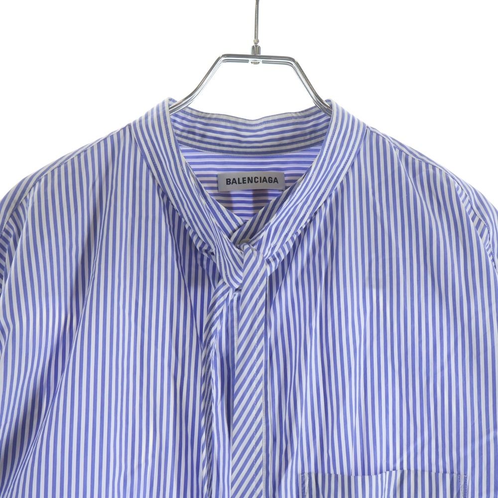 Balenciaga Back Logo Print Bowtie Striped Cotton Long Sleeve Shirt White Blue