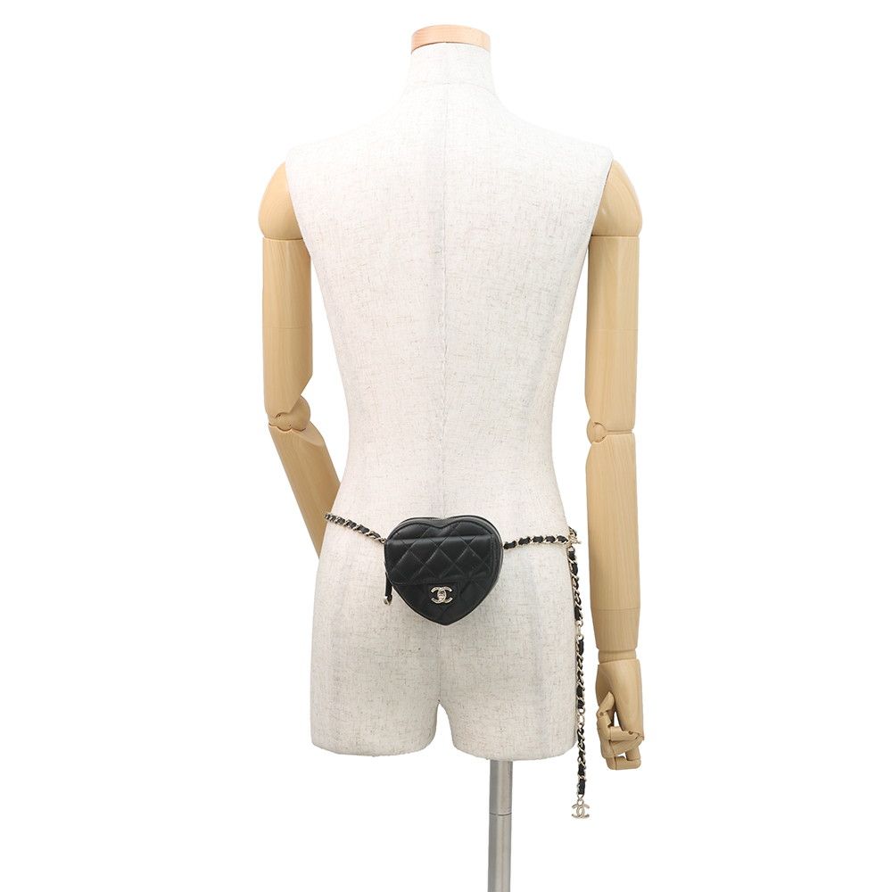 Chanel Chain Waist Bag Quilted Heart CC Logo Lambskin Black