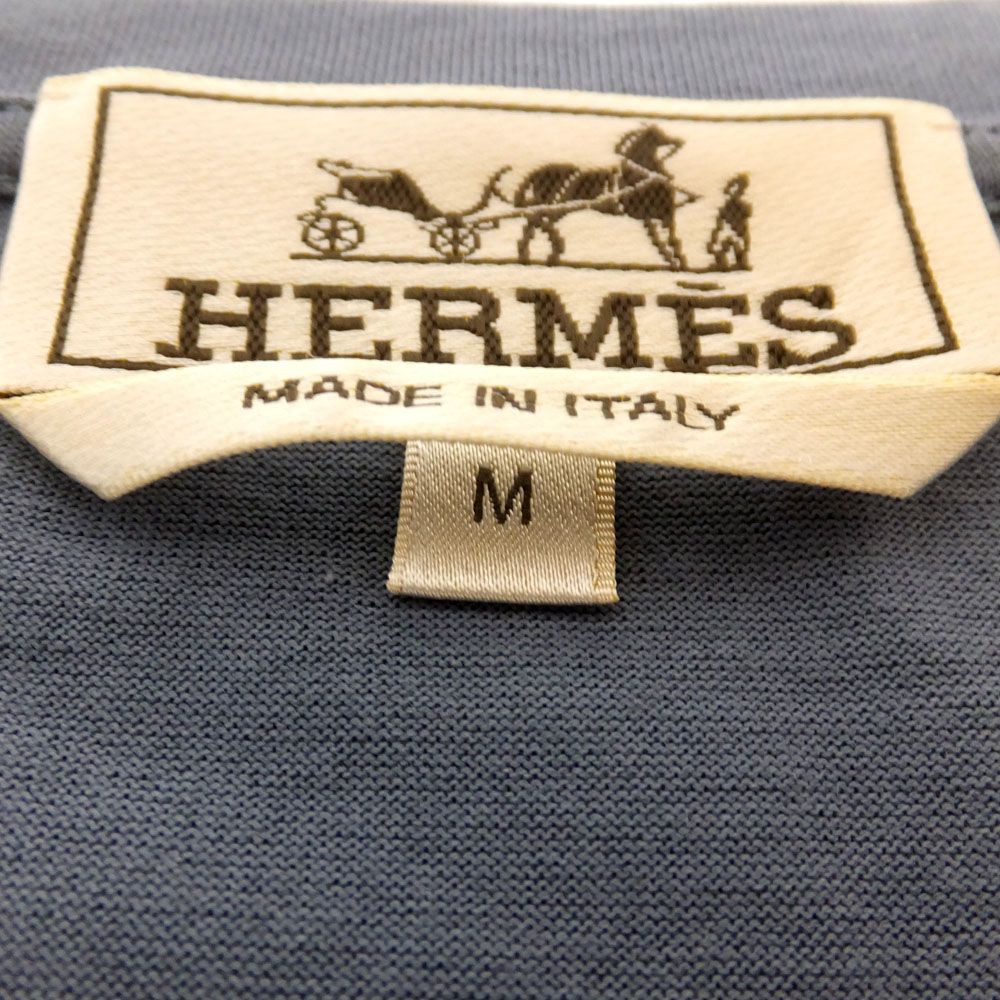 Hermes T-Shirt Horsebit Cotton Blue Horse Tackle Motif Embroidery Short Sleeve