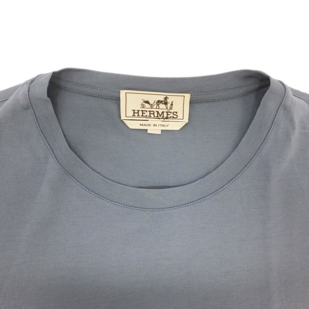 Hermes T-Shirt Horsebit Cotton Blue Horse Tackle Motif Embroidery Short Sleeve