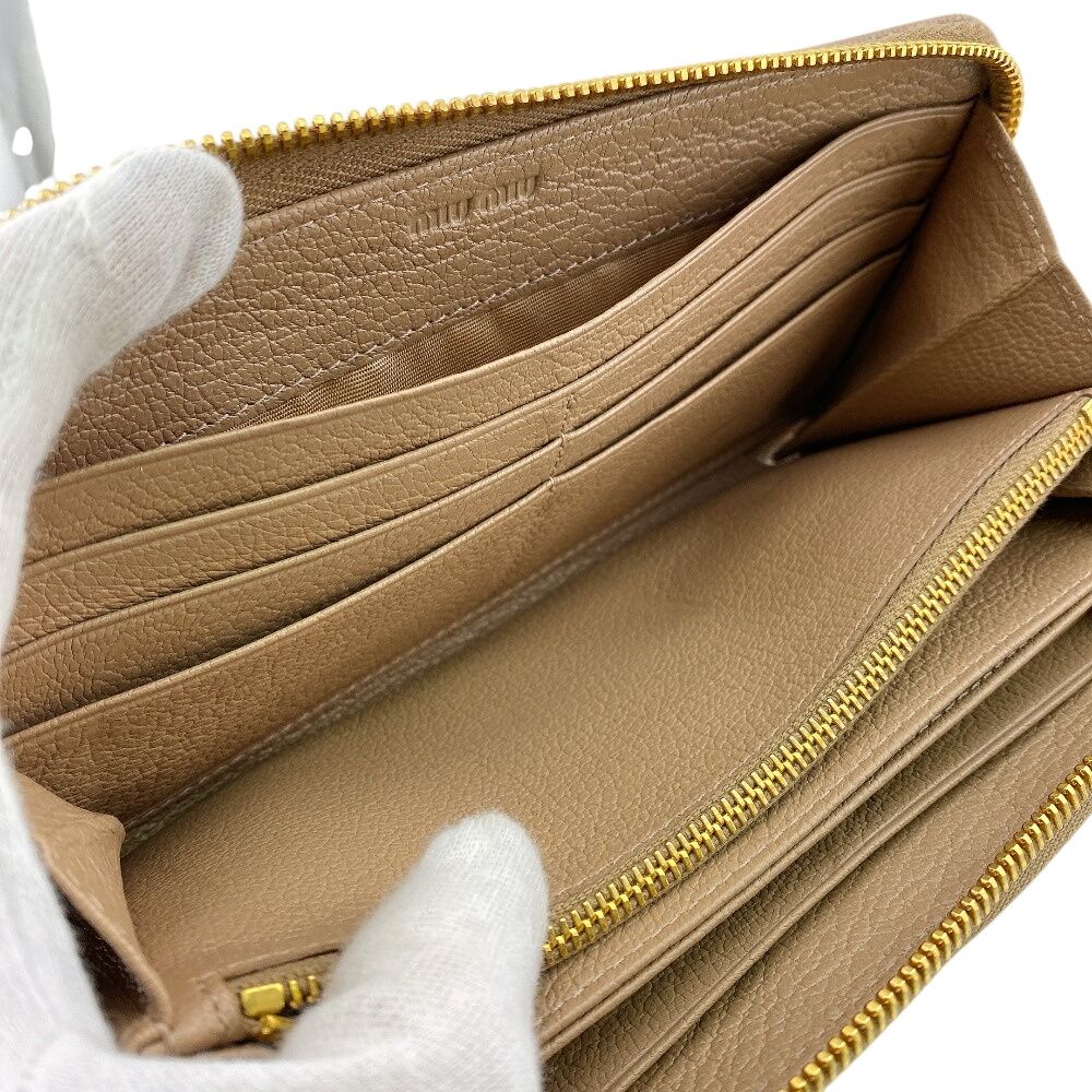 Miu Miu Zip Around Logo Leather Wallet Beige