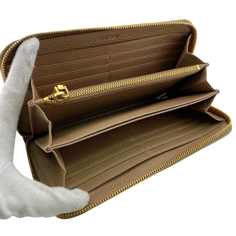 Miu Miu Zip Around Logo Leather Wallet Beige
