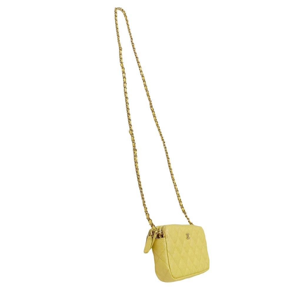 Chanel Wallet Shoulder Quilted Caviar Leather Yellow Gold Chain Logo Glittering