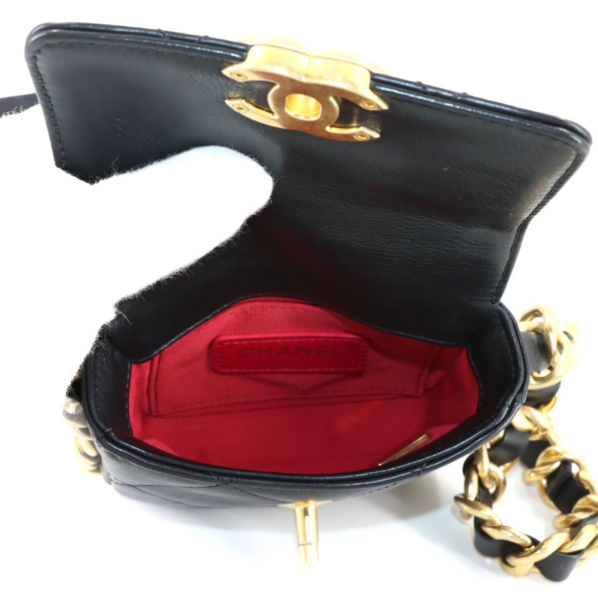 Chanel Mini Quilted Chain Shoulder Bag Leather Black Gold