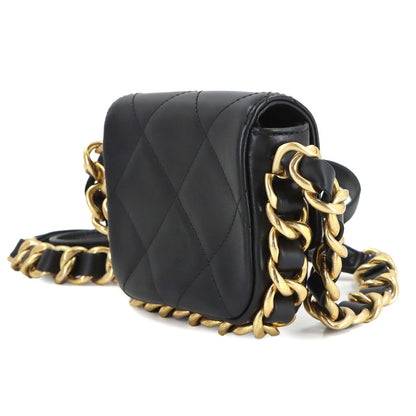 Chanel Mini Quilted Chain Shoulder Bag Leather Black Gold