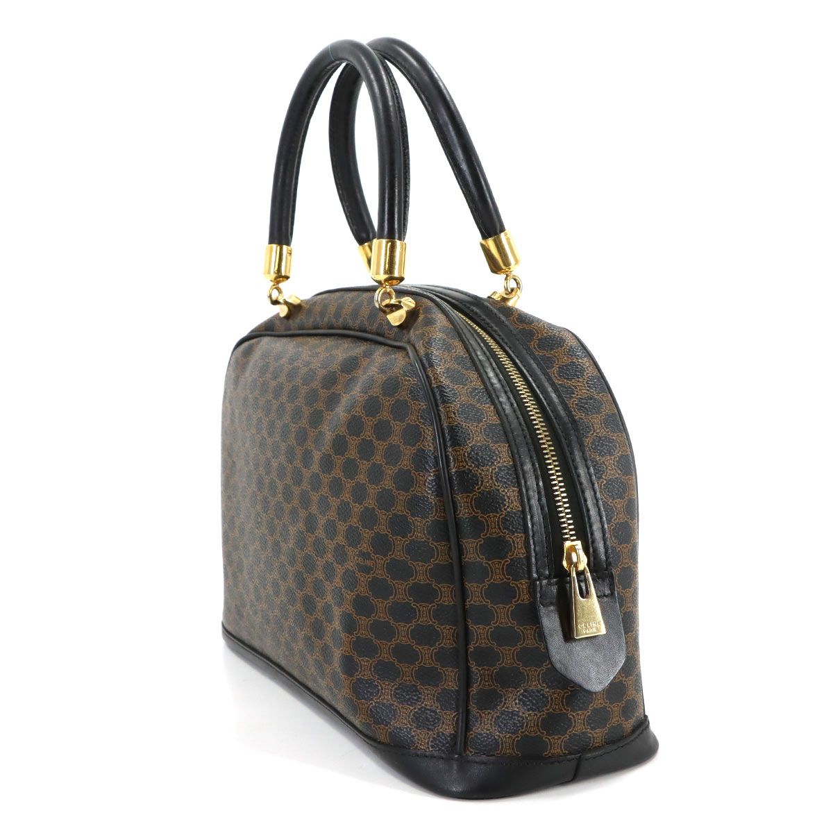 Celine Macadam Hand Bag Leather Black Brown Gold Vintage